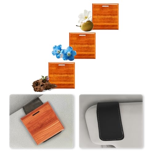 Car Air Freshener with Premium Leather Visor Clip, North American Alder Wood Scent Diffuser, Refillable Solid Wood Odor Eliminator for Vehicle Cabin, Truck & SUV, No Liquid, Starter Kit of 3 Square