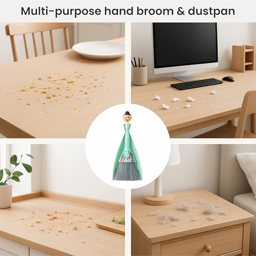 Mini Broom and Dustpan Set - Small Broom and Dustpan, Hand Broom for Desk, Kitchen, Car, Crumb Brush for Dust & Pet Hair, Decorative Doll Design, Portable Dust Pan Brush for Indoor - Turquoise - view 5