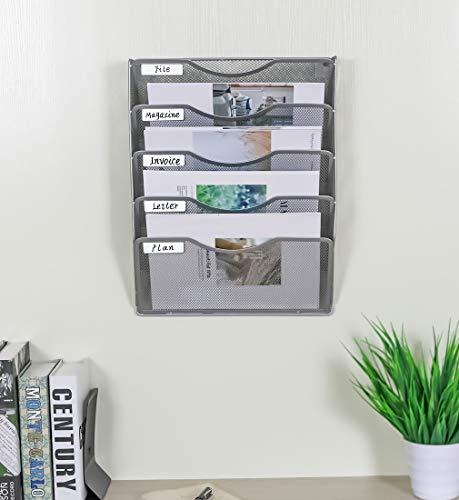 Wall File Organizer 5 Tier Hanging Paper Folder Holder, Zero Assembly Metal Mesh Wall Mounted Mail Organizer for Office Home Classroom Narrow Spaces, Silver - view 5
