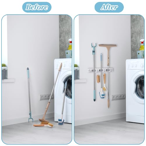 White Broom Holder Wall Mount - Heavy Duty Wood Mop and Broom Organizer with 3 Slots & 4 Hooks - Garden Tool Hanger for Laundry Room Closet Kitchen Garage Storage and Organization - Modern Home Decor - view 4
