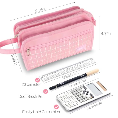 Large Pencil Case, Pencil Pouch, Pencil Bag, Pencil Box, Pink & Plaid - view 6