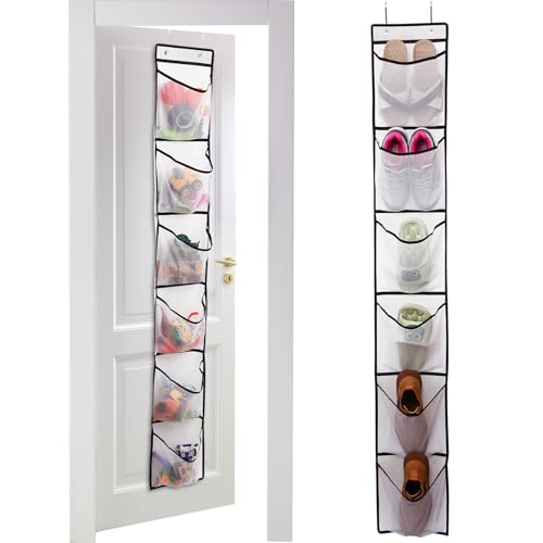 6 Large Breathable Mesh Pockets, Over The Door Shoe Organizer, Boots Hanging Storage Shoe Rack for Closet, Accessories - - White
