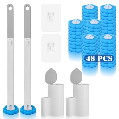 2 Pack Disposable Toilet Brush and Holder Set, Extended Handle Toilet Bowl Cleaner Wand with 48 Refills Replacement Heads Pads Bathroom Maintenance Bathtub Stick Cleaning System Starter Kit