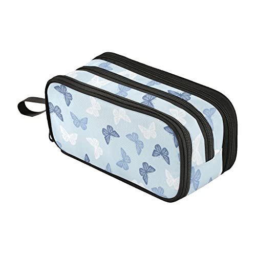 Blue Butterflies Big Capacity Pencil Pen Case, Multi-Purpose Makeup Bag Organizer Storage Pouch for Office College School Hiking Travel