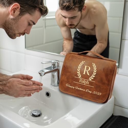 Large Personalized Toiletry Bag, Gifts for Men Custom Engraved Leather Travel Bag, Engraved Name Waterproof Travel Kit & Gifts for Him Husband Father (Father's Day, Christmas) - view 6
