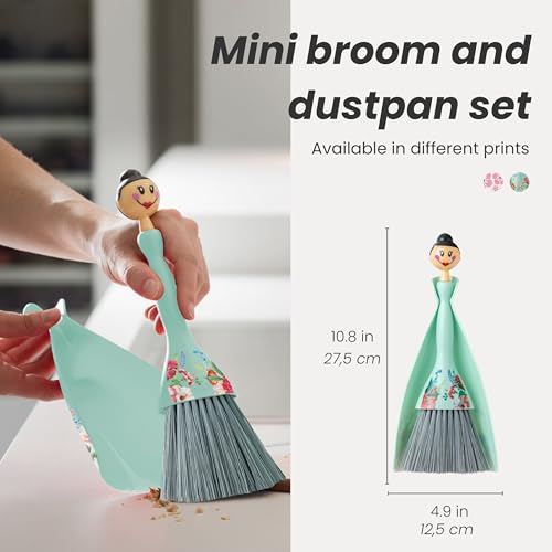 Mini Broom and Dustpan Set - Small Broom and Dustpan, Hand Broom for Desk, Kitchen, Car, Crumb Brush for Dust & Pet Hair, Decorative Doll Design, Portable Dust Pan Brush for Indoor - Turquoise - view 2