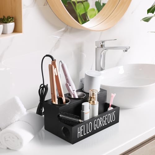 Hair Tool Organizer, Wooden Hair Dryer Holder Countertop, Wall Mount Hot Tools Organizer for Hair Styling Accessories, Bathroom Supplies Vanity Caddy for Curling Wand, Blow Dryer, Black - view 6