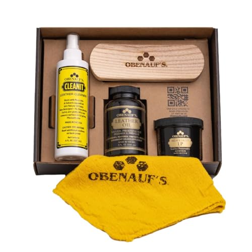 Leather Care Essentials Kit - 4oz Heavy Duty Leather Preservative - 8oz Leather Oil Leather Conditioner - 8oz Cleanit Leather Cleaner - Horsehair Brush - Cleaning Cloth