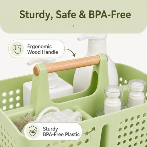 Portable Shower Caddy Basket with 3 Compartments and Handle, Grass Green - view 6