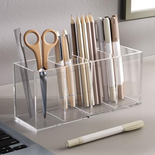 Acrylic Pen Holder 4 Compartments, Clear Desk Pencil Organizer Cup - view 3