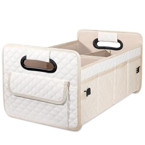 Car Trunk Organizer for SUV, Car Storage Organizer Collapsible Multi Compartment Container Box Adjustable Car Accessories for Women Men, Beige