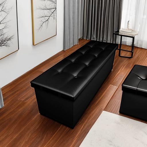 43 Inch Folding Storage Ottoman Bench Hold up 700lbs Ottoman with Storage Chest Foam Seat Padded Foot Rest Stool Faux Leather Bedroom Bench with Storage Coffee Table Black - view 6