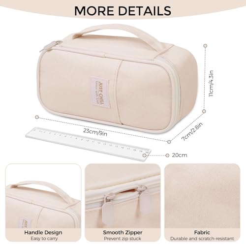 Beige Pencil Case for Girls & Boys – Large Capacity Zippered Pencil Pouch with Multi-Compartment, Aesthetic Pencil Bag for School & Office Supplies - view 6