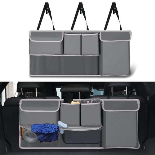 Trunk Hanging Organizer, Backseat Storage Bag, Collapsible Car Interior Accessories with 4 Pockets & 2 Mesh Pouches for Tools, Provide More Storage Trunk Space for SUV, Jeep, MPVs (Grey)