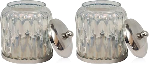 GLA330-1 Glacier Q tip Holder, Bathroom Vanity Glass Storage Organiser Canister, Apothecary Jar Swabs, Round Cotton Balls, Rainbow Lustre Finish (Pack of 2)