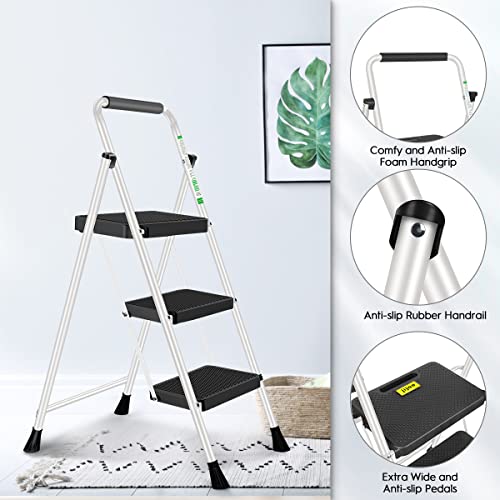 3 Step Ladder Folding Step Stool with Wide Anti-Slip Pedals and Comfort Handgrip for Kitchen Household and Office, Lightweight Capacity 500lbs Sturdy Step Ladder (White) - view 2