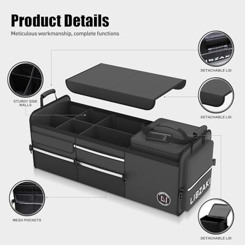 LIBZAKI Oversize 4 in 1 Car Trunk Storage Organizer, Multi Compartment Collapsible Trunk Storage Box with Cooler Bag for Car Truck SUV-Black - view 4
