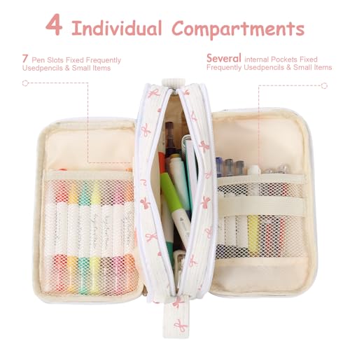 Large Capacity Cute Pencil Case, Aesthetic Pen Pouch, White with Pink Bow Pattern Pencil Bag, Kawaii Stationery Storage and Organizer, Supplies for Teen and Adult Girls - view 3