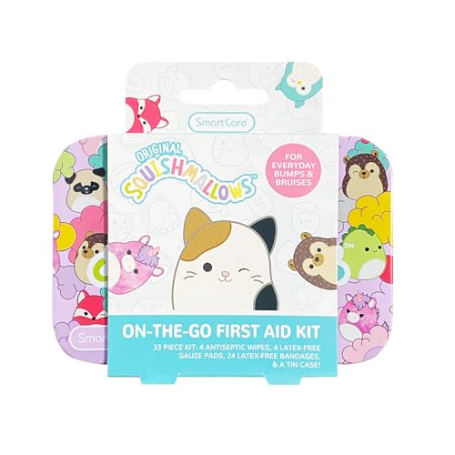 Squishmallow First Aid Kit Travel Essentials with Antiseptic Wipes, Cute Bandage Variety Pack for Kids, Latex-Free Gauze Pads and Bandages in Tin Case, 33PC
