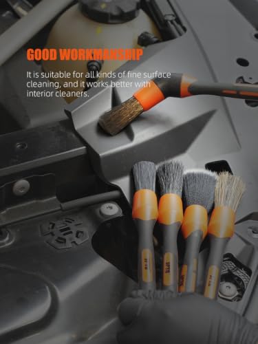 Car Detailing Brush Set, 5 Pack Soft Boar Hair Auto Detail Brush Kit with Elbow for Automotive Elegant Surface Interior Exterior Dashboard Emblems Panels Engine Bay Wheels Air Vent Seat Leather - view 6