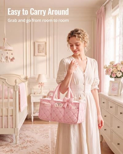 Baby Diaper Caddy Organizer, Nursery Basket, Bow Light Pink - view 5