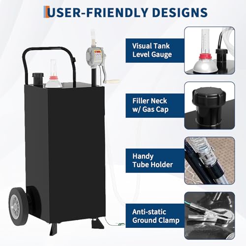 30 Gallon Fuel Caddy, Portable Gas Caddy, Transfer Fluid Diesel Gasoline Storage Tank Container with Fuel Transfer Rotary Hand Pump/Wheels for Boat ATV Car Motorcycle, Black - view 2