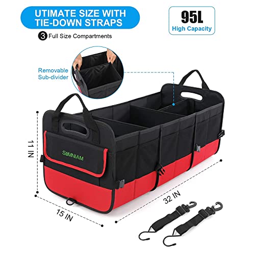 Large Trunk Organizer for Car, Foldable Multi Compartment Car Trunk Organizer with 2 Retractable Straps, Suitable for All Kinds of Cars, SUV, Minivan - 4 Compartments Red - view 3
