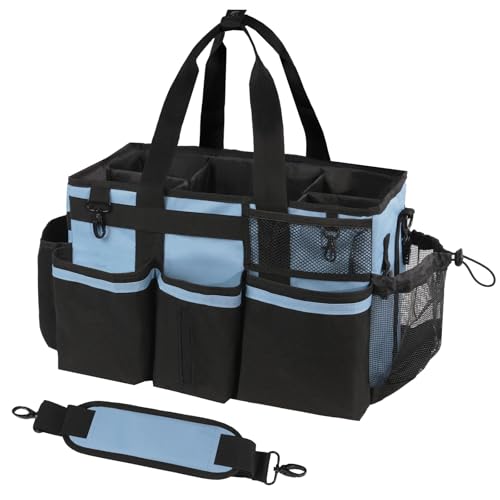 Wearable Cleaning Caddy, Cleaning Caddy Supplies Organizer with Handle & Shoulder Straps for Housekeepers, Under Sink & Car Cleaning Tool Organizers Bag with 4 Foldable Divider (Blue)