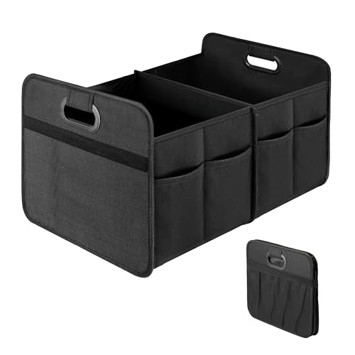 Trunk Organizer for Car/SUV/Truck, Collapsible 2 Compartment Automotive Storage Box, 600D Waterproof Oxford Polyester 50L Travel Accessories, Anti-slip & Leak-proof, Black