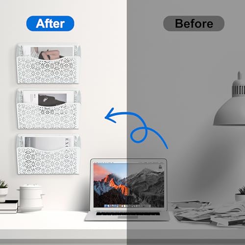 3 Pack Hollow Design Wall-Mounted File Organizer - Heavy Duty Metal, Vertical Space Saving, Letter Size Single Pocket Holder for Office, Home, School, White - view 5