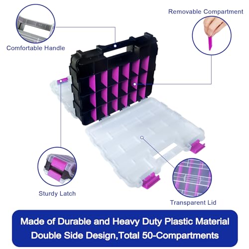 Tools Organizer Box Small Parts Storage Box 50-Compartment Double Side Hardware Organizers with Removable Plastic Dividers for Screws, Nuts, Nails, Bolts, Purple - view 2
