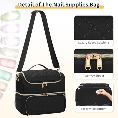 Nail Polish Organizer & Storage Bag for 48 Bottles & Full-Size Lamp, Double-Layer Travel Case Box for Nail Supplies, Manicure Kit & Pedicure Tools (Black, 48 Slots) - view 5