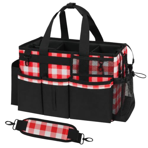 Wearable Cleaning Caddy, Cleaning Caddy Supplies Organizer with Handle & Shoulder Straps for Housekeepers, Under Sink & Car Cleaning Tool Organizers Bag with 4 Foldable Divider (RedPlaid)