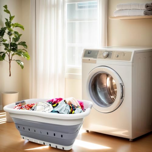 41L Collapsible 3 Handled Plastic Laundry Basket - Foldable Pop Up Storage Container/Organizer - Portable Basket - Space Saving Hamper/Basket (3 handled rectangular, Grey/Dark Grey) - view 2