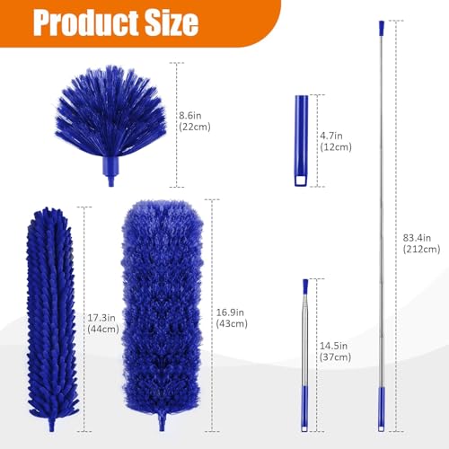 4 Pcs Microfiber Cobweb Duster with 100-inch Extendable Pole, Washable and Reusable Feather Cleaning Duster Kit with 3 Duster Heads,Dusters for Cleaning with Telescopic Pole for High Ceiling Fan,Blue - view 2