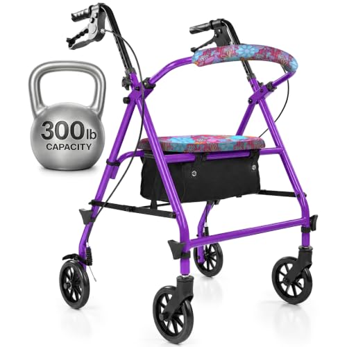 Steel Rollator Walker with Seat - Foldable, Narrow, Rolling