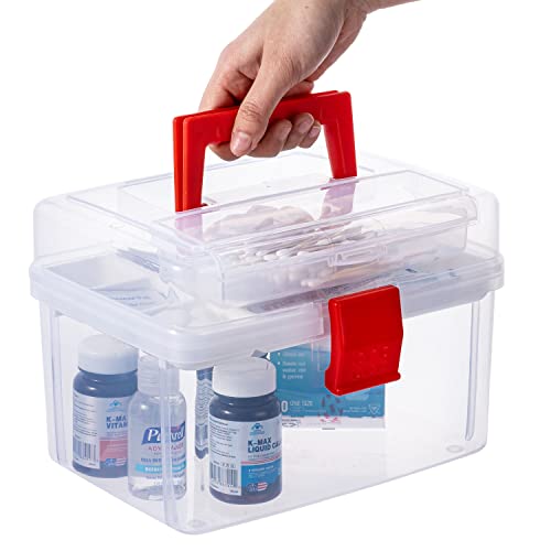 10 Inch Clear First Aid Bin with Tray & Quick Access Lid, Red