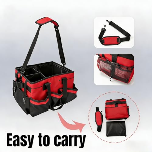 Tool Organizer Tote Bag, Pink and Black, Large Capacity with Adjustable Compartments, Portable Cleaning Storage Caddy, 14.96x10.63x9.06 Inches (Red) - view 6