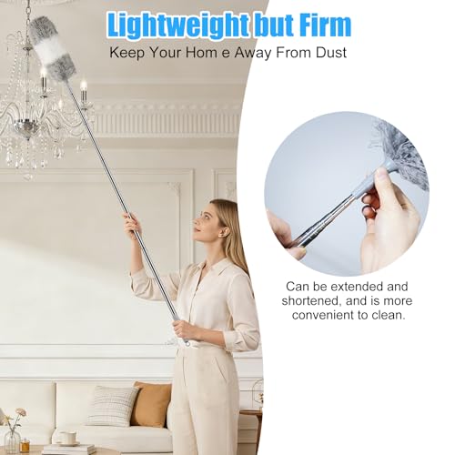 Microfiber Feather Duster, 110 Inch Extendable Telescoping Pole Duster with Bendable Washable Head, Long Handle Cleaning Duster for Ceiling Fan, High Ceiling, Blinds, Furniture and Cars(Gray) - view 2
