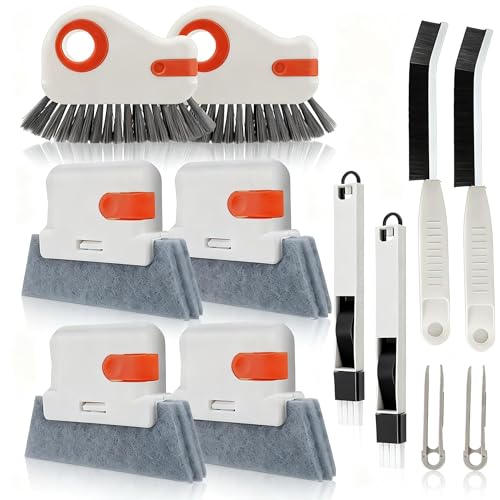 12pcs Window Track Cleaner Tool Set, Window Sill & Groove Cleaning Brushes with Hard Bristle Crevice Brush and Debris Pliers for Sliding Door Rails, Shower Door Tracks, Kitchen & Bathroom Gaps