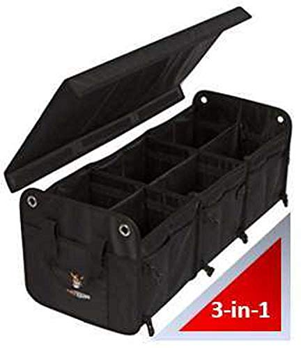 Convertible Large 3 Compartment SUV Trunk Organizer | Truck Bed Organizer with Cover for Trucks, Cars, SUVs and Groceries. PATENTED (4-in-1 with Cover, Black)