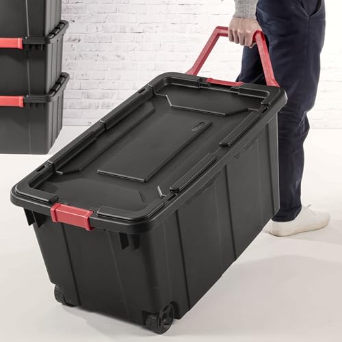 Industrial Storage Tote with Wheels, Black, 40 Gallon, Heavy Duty Plastic Container, Handle and Latches, 36.75x21.38x18 Inch, Set of 2 - view 7