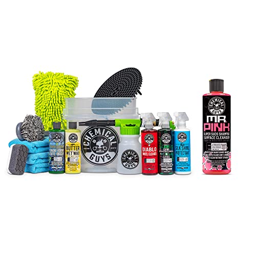 CWS_402CW 14-Piece Arsenal Builder Car Wash Kit W/Foam Gun, Bucket and (5) 16 oz Car Care Cleaning Chemicals (Works w/Garden Hose) with Mr. Pink Foaming Car Wash Soap, 16 oz