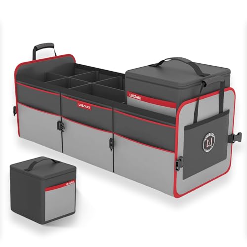 LIBZAKI Car Trunk Organizer,3 Compartments Big Trunk Storage, Large Capacity, Foldable, 95L Heavy Duty Storage Box for Car, SUV, Truck,Jeep, Includes 26L Cooler Bag-Gray&Black