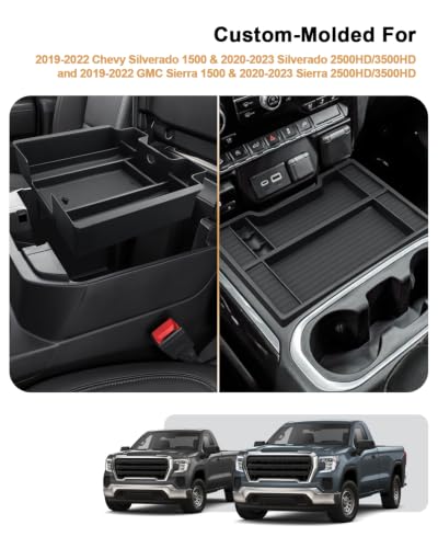 Center Console Organizer Set For 2019-2022 Chevy Silverado 1500/GMC Sierra 1500 & 2020-2023 Silverado/Sierra 2500HD/3500HD Accessories - 2 Pcs Storage Tray Only Fit Full Console w/Bucket Seats(Black) - view 3