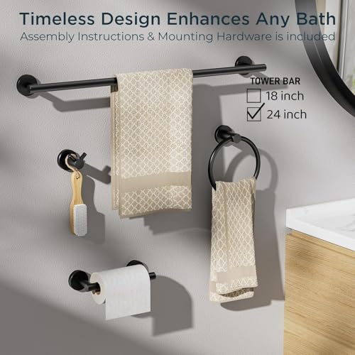Bathroom Hardware Accessories Set, SUS304 Stainless Steel Towel Bar Set, Modern Towel Racks Holder for Bathroom, Toilet Paper Holder Wall Mounted 4 Pieces(24" Bar, Matte Black) (Pack of 2) - view 6