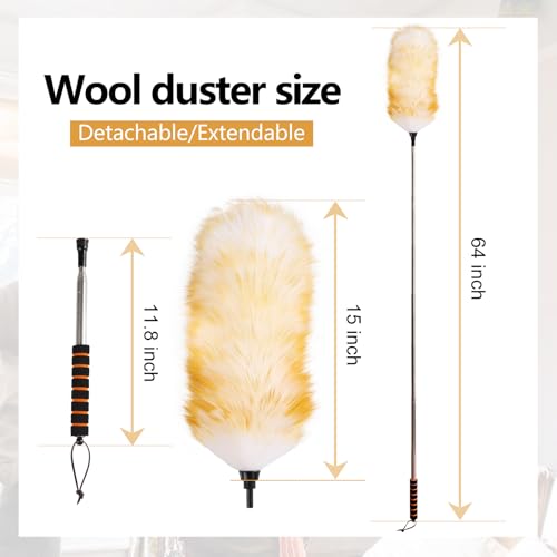 Lambswool Extendable Cleaning Duster 26-64 Inch, Anti-Static Wall Duster Cleaner with Sponge Grip and Stainless Steel Extension Pole for High Ceiling Fan, Interior, and Roof Dusting - Yellow & White - view 3