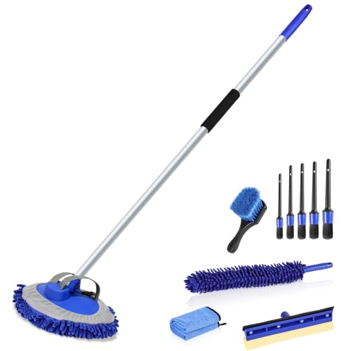 62" Microfiber Car Wash Brush with Long Handle Car Washing Mop Kit Mitt Sponge Car Cleaning Supplies Duster RV Washing Car Brushes, 1 Chenille Scratch-Free Replacement Head (Blue&Yellow)