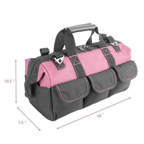 Garden Tools Bag 16inch Wide Mouth Women's Tool Bag with Molded Base and Plastic-Padded, Inside Pockets for Tool Storage,600D polyester fabric (Pink color) - view 2
