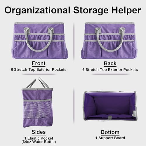 Craft Organizer Tote Bag – Craft Caddy with 2 Mesh Side Pockets & Front Elastic Pockets, Foldable Large Capacity Supply Storage Bag for Sewing, Knitting, Painting, and Travel (Purple) - view 3